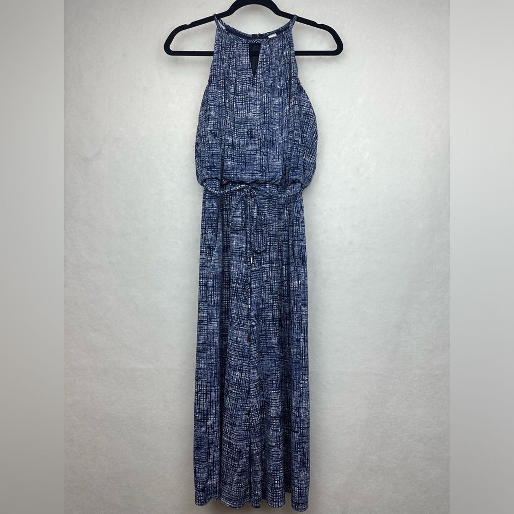 London Times Women's Blue Palm Halter Jumpsuit/Romper Sz 8 Sleeves